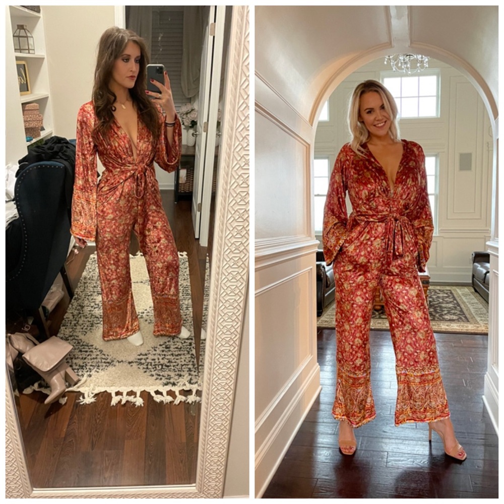 Free People Harper Velvet Paisley Jumpsuit Yellow Red Size XS - Picture 1 of 7